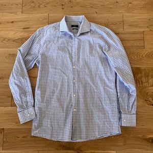 Boss Mens Cotton Blend Sharp Fit Dress shirt 16.5 neck. Light blue checkered